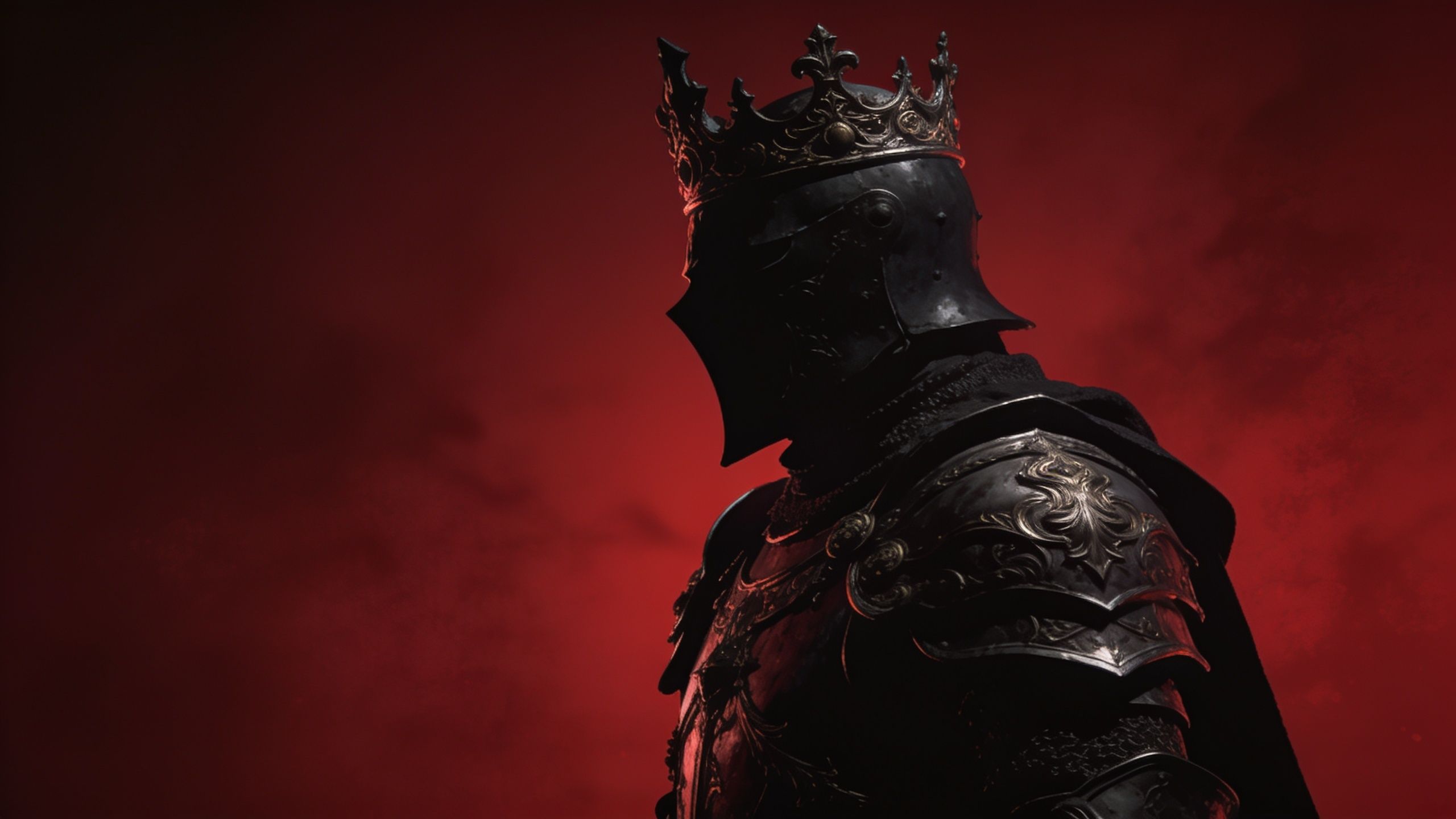 A knight in ornate, dark armor stands against a deep crimson background, exuding an aura of mystery and power, with intricate engravings on the armor and a crown atop the helmet, creating a dramatic and regal atmosphere.