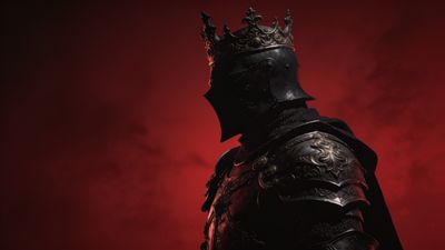 A knight in ornate, dark armor stands against a deep crimson background, exuding an aura of mystery and power, with intricate engravings on the armor and a crown atop the helmet, creating a dramatic and regal atmosphere.