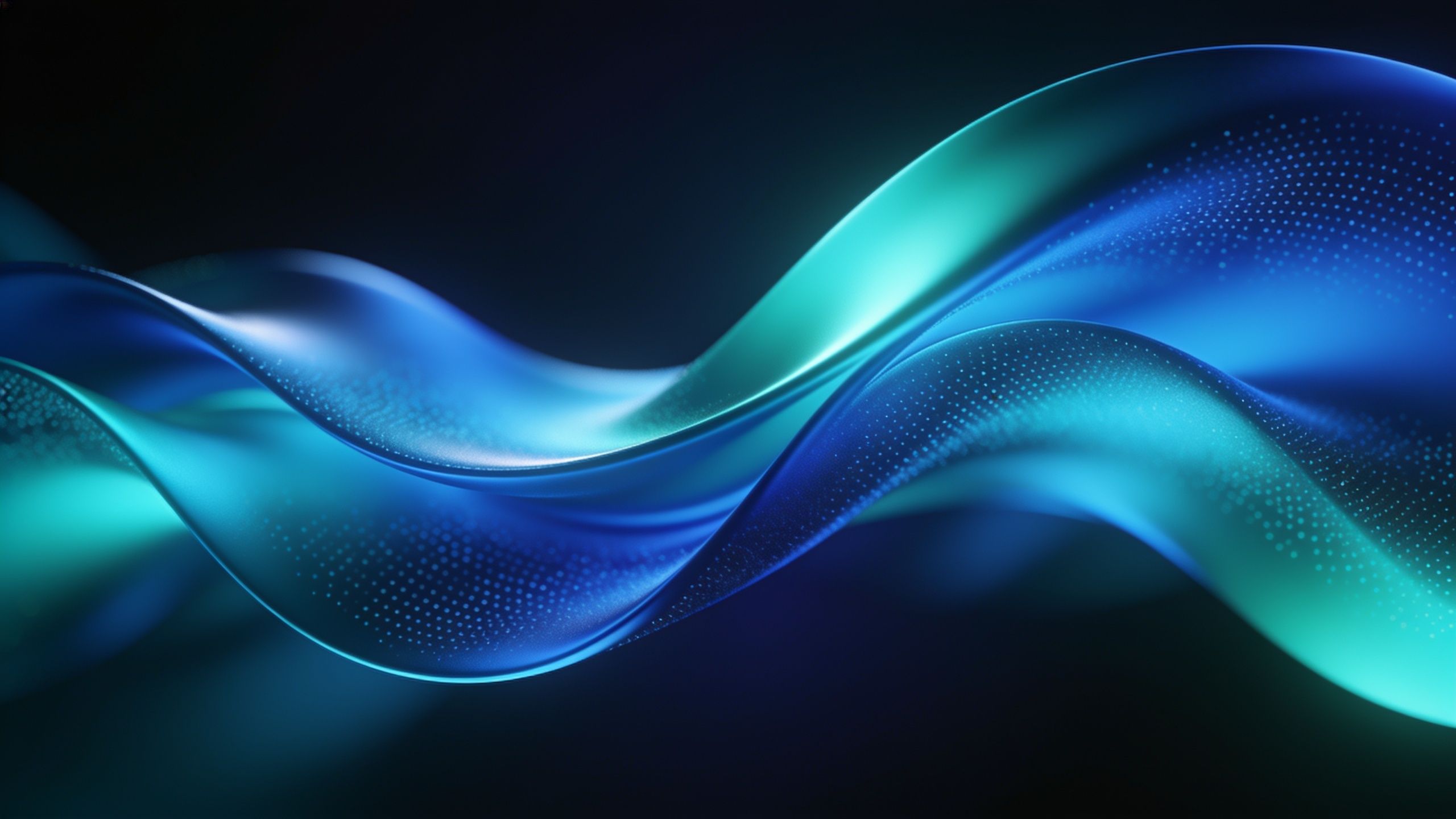 Abstract waves in vibrant shades of blue and green flow gracefully across a dark background, creating a serene and dynamic visual with a sense of fluid motion and depth.