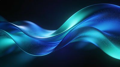 Abstract waves in vibrant shades of blue and green flow gracefully across a dark background, creating a serene and dynamic visual with a sense of fluid motion and depth.