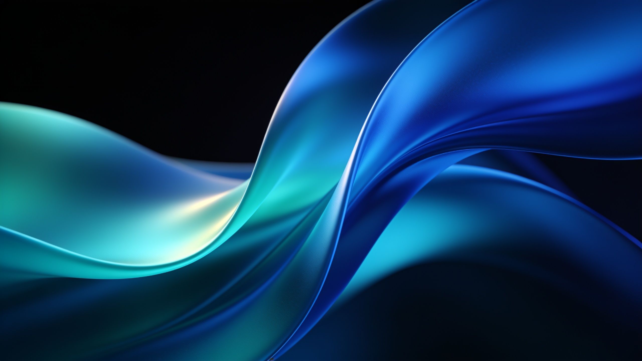 Abstract art wallpaper featuring smooth, flowing waves in varying shades of blue and teal, creating a serene and elegant mood against a dark background.