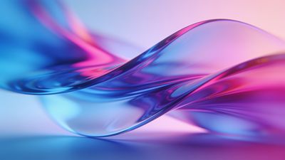 A dynamic composition of abstract waves in vibrant pink and blue hues, creating a fluid and energetic mood against a soft gradient background.