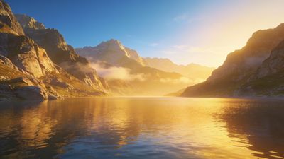 A golden sunrise casts a warm glow over a serene mountain lake, with mist gently hovering above the water and rugged peaks illuminated by the soft morning light, creating a tranquil and uplifting atmosphere.