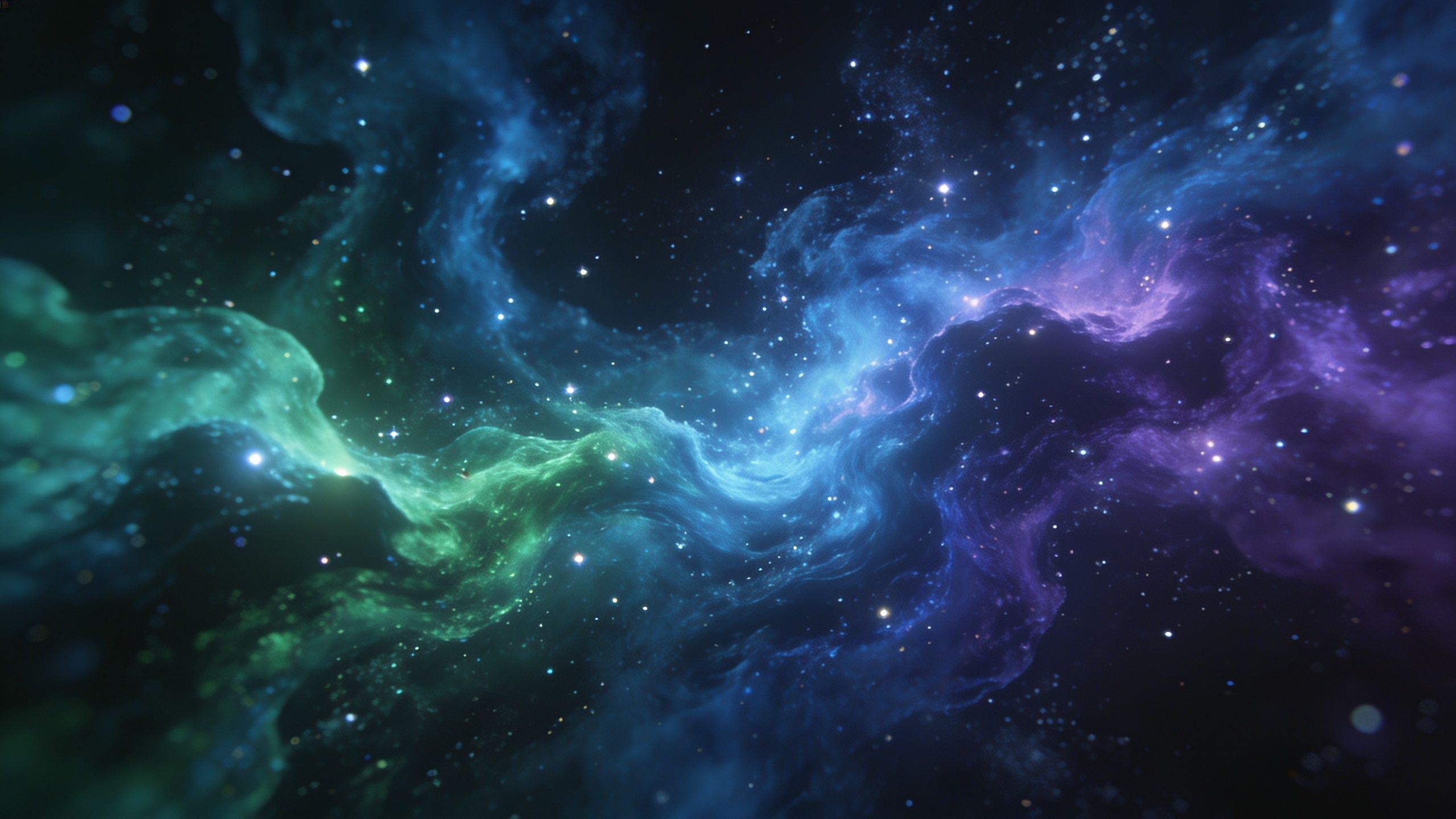 A vibrant cosmic nebula swirls in deep space, showcasing hues of blue, green, and purple, with countless stars scattered throughout, creating a serene and awe-inspiring atmosphere.