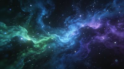 A vibrant cosmic nebula swirls in deep space, showcasing hues of blue, green, and purple, with countless stars scattered throughout, creating a serene and awe-inspiring atmosphere.