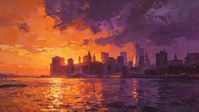 A vibrant city skyline is silhouetted against a dramatic sunset, with vivid orange and purple hues reflecting on the water, creating a serene and captivating mood.