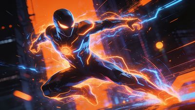 A neon-clad superhero dynamically leaps through a vibrant, futuristic cityscape, with glowing orange and blue energy trails accentuating their movement, creating an electrifying and action-packed atmosphere.