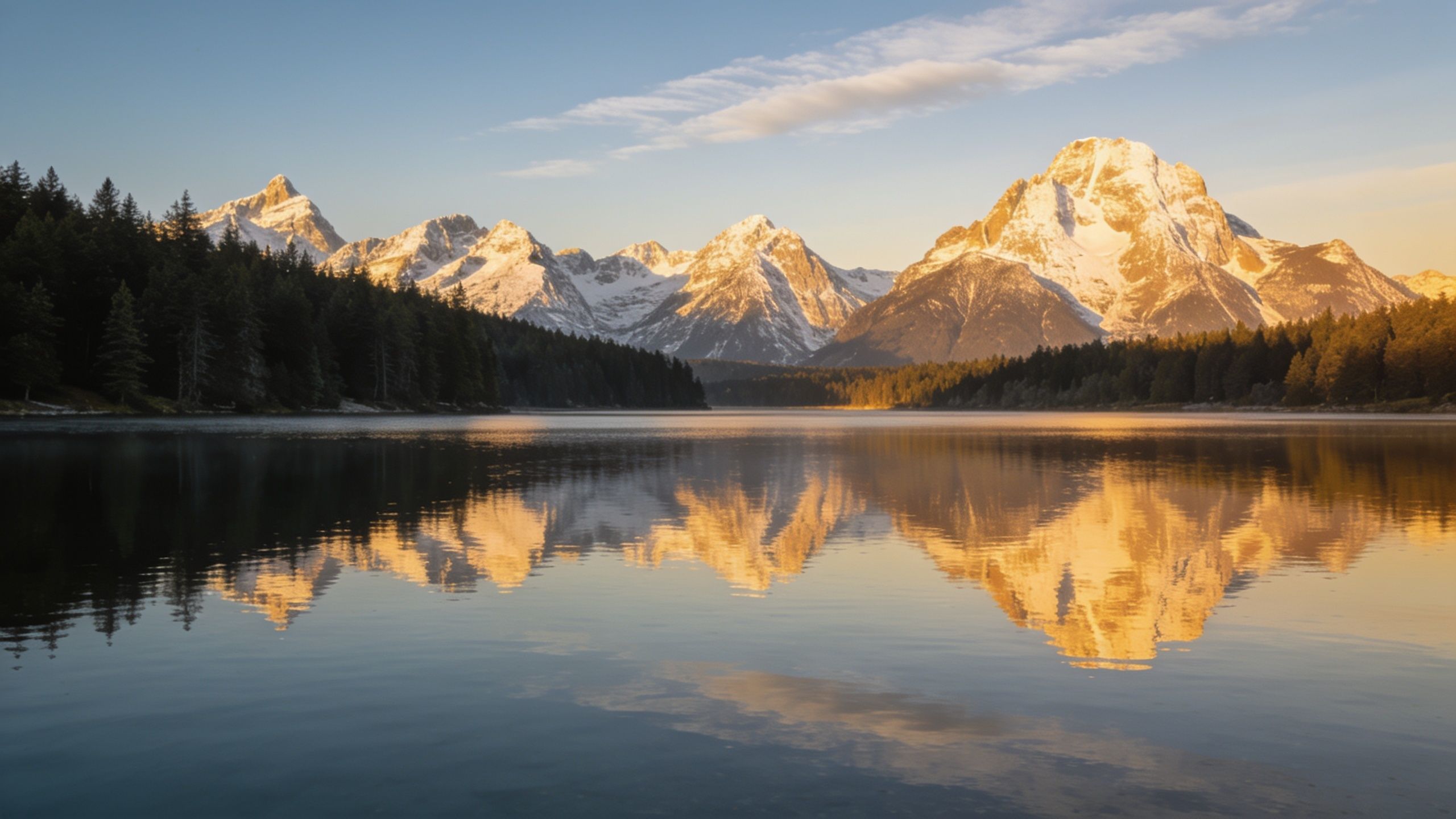 A tranquil scene of snow-capped mountains reflecting on a calm lake at sunset, with the warm glow of the setting sun casting a golden hue over the peaks and surrounding forest, creating a serene and peaceful atmosphere.