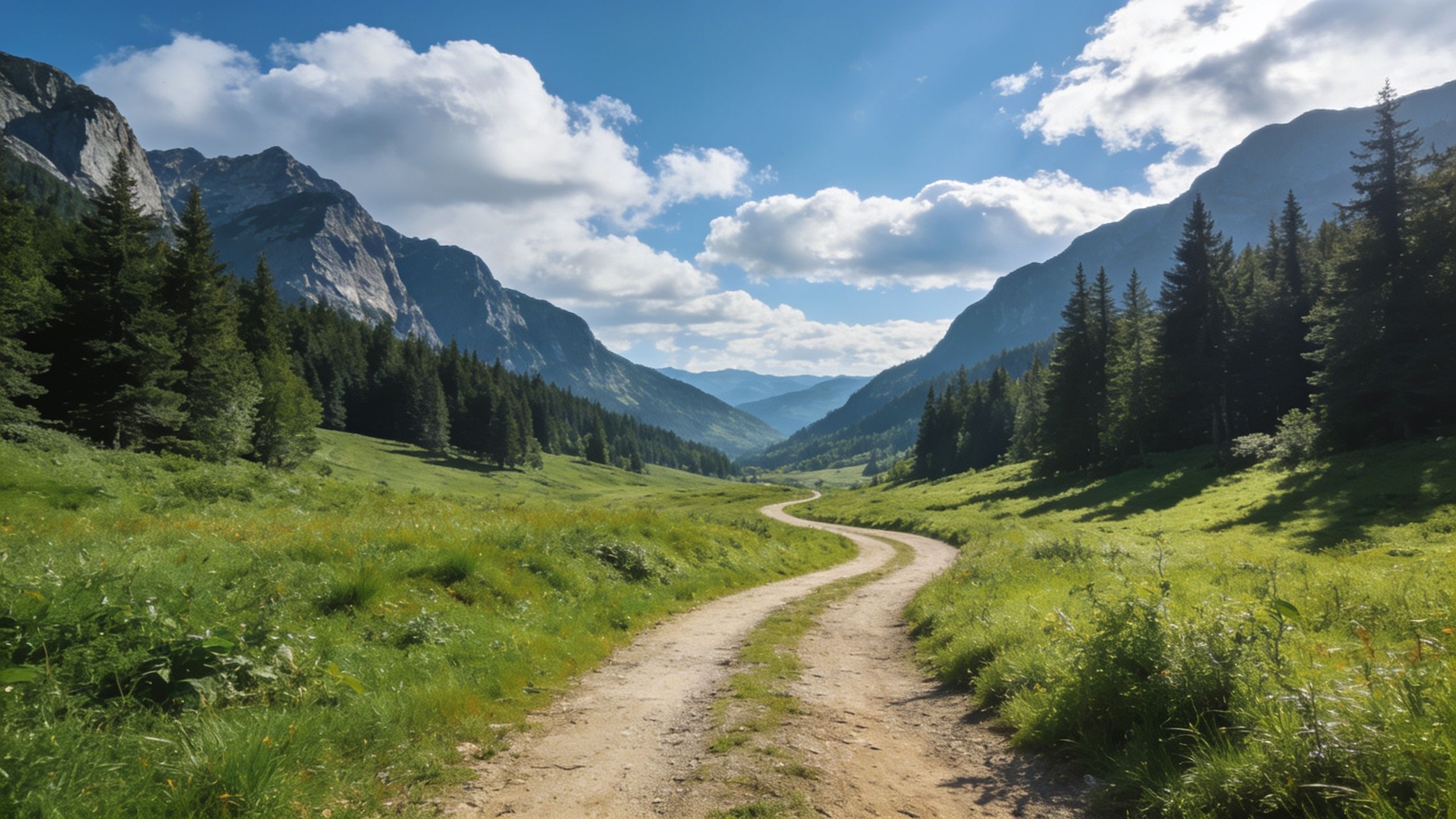 A winding dirt path meanders through a lush green valley, flanked by dense forests and towering mountains under a bright blue sky with fluffy clouds, creating a serene and inviting atmosphere.