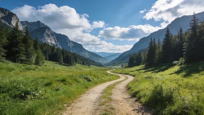 A winding dirt path meanders through a lush green valley, flanked by dense forests and towering mountains under a bright blue sky with fluffy clouds, creating a serene and inviting atmosphere.
