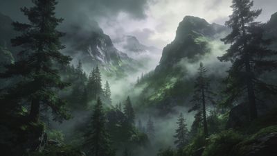 A misty mountain forest scene with towering pine trees and rugged peaks partially obscured by fog, creating a serene and tranquil atmosphere. Soft light filters through the clouds, highlighting the lush greenery and adding to the peaceful mood.