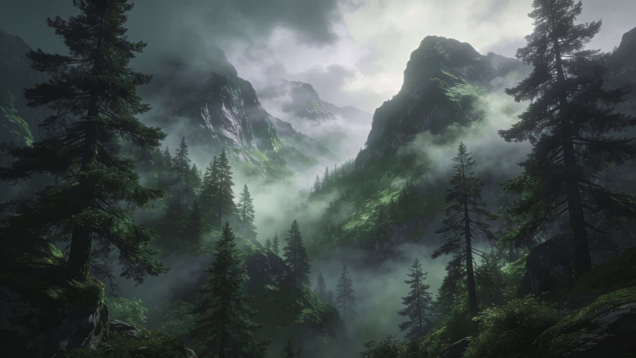 A misty mountain forest scene with towering pine trees and rugged peaks partially obscured by fog, creating a serene and tranquil atmosphere. Soft light filters through the clouds, highlighting the lush greenery and adding to the peaceful mood.