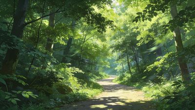 A sunlit forest pathway winds through lush green trees, with dappled sunlight creating a serene and tranquil atmosphere.