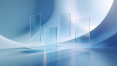 Floating glass panels hover gracefully in a serene, abstract blue environment, creating a tranquil and modern atmosphere.