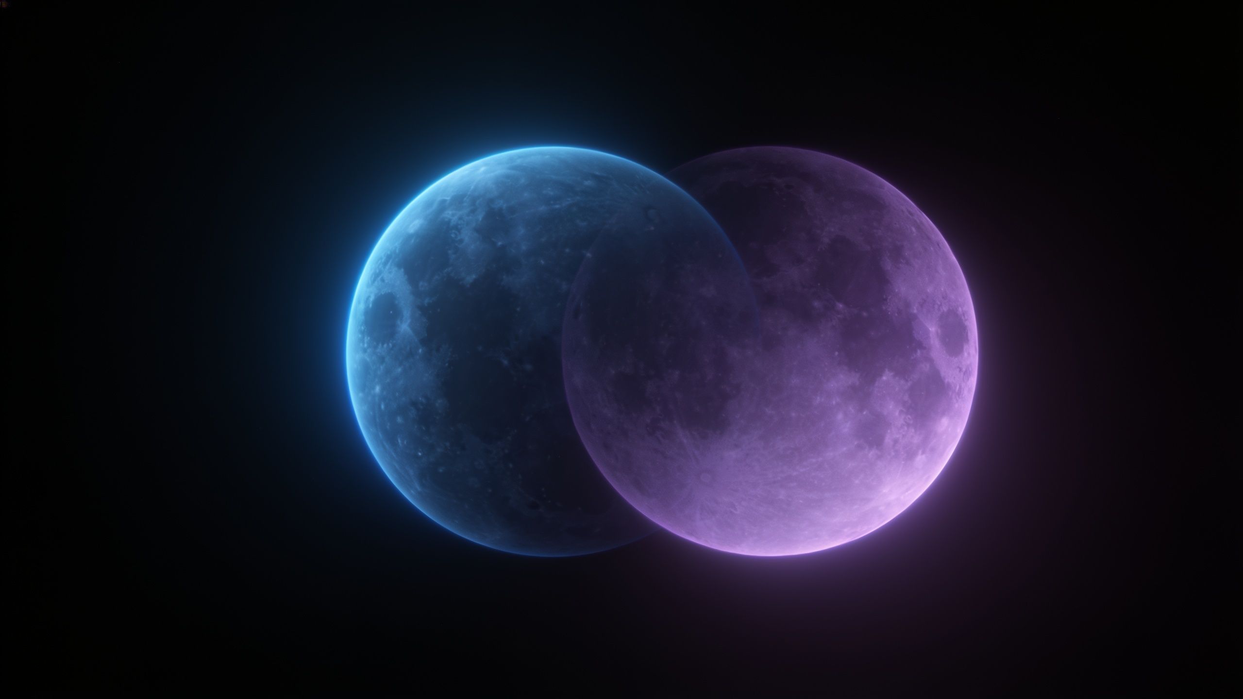 Two moons, one glowing blue and the other purple, overlap against a dark cosmic backdrop, creating a serene and mystical atmosphere.