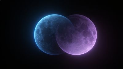 Two moons, one glowing blue and the other purple, overlap against a dark cosmic backdrop, creating a serene and mystical atmosphere.