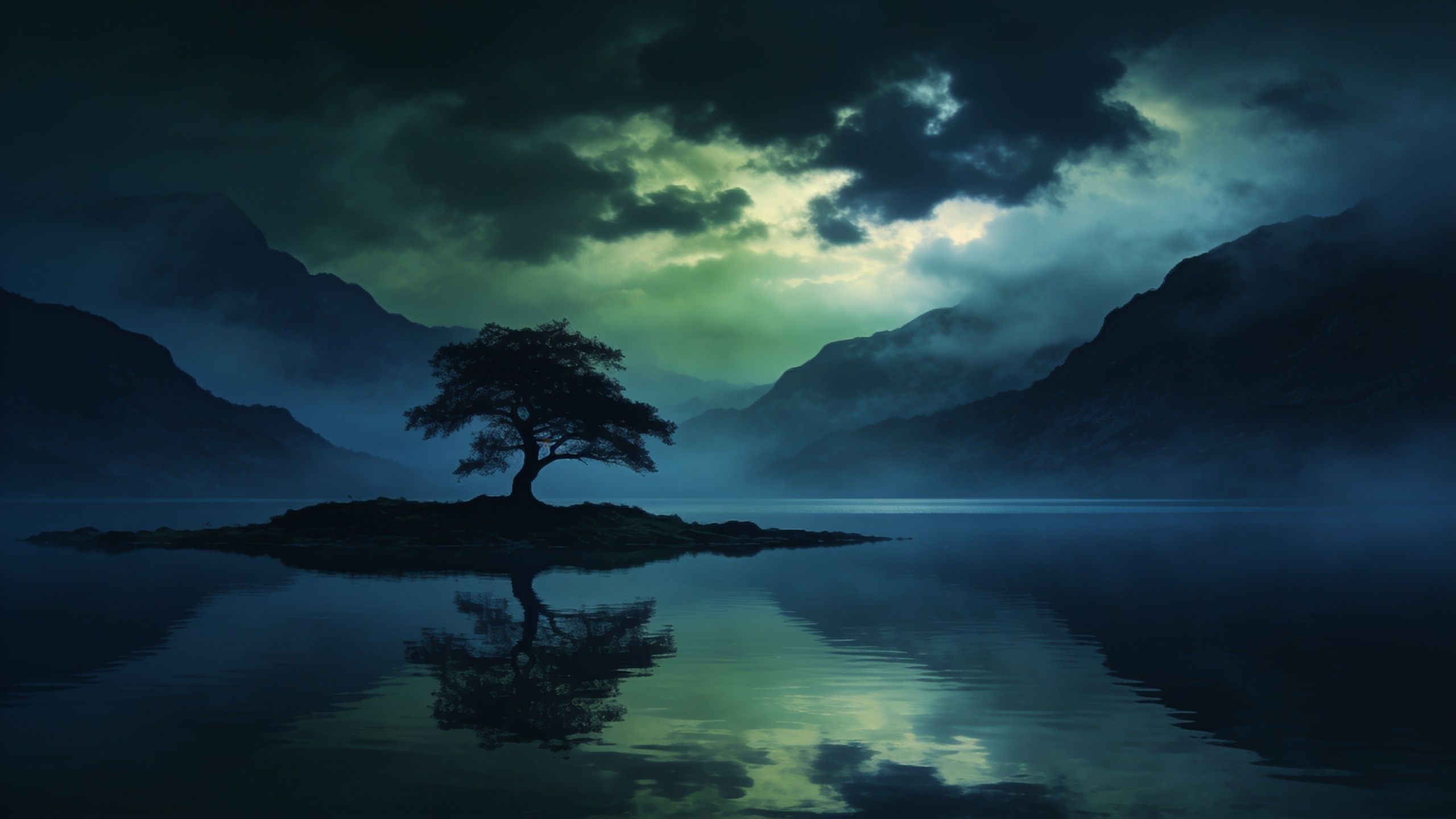 A solitary tree stands on a small island in a misty lake, its reflection mirrored in the calm water, surrounded by shadowy mountains under a moody, cloud-filled sky. The scene conveys a tranquil and mysterious atmosphere.