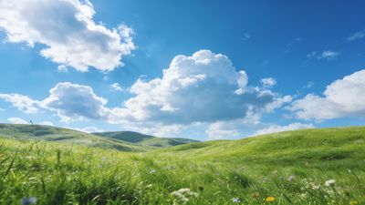 A tranquil landscape of lush green hills stretches under a vibrant blue sky dotted with fluffy white clouds, creating a peaceful and serene atmosphere. Wildflowers add pops of color to the foreground, enhancing the idyllic setting.