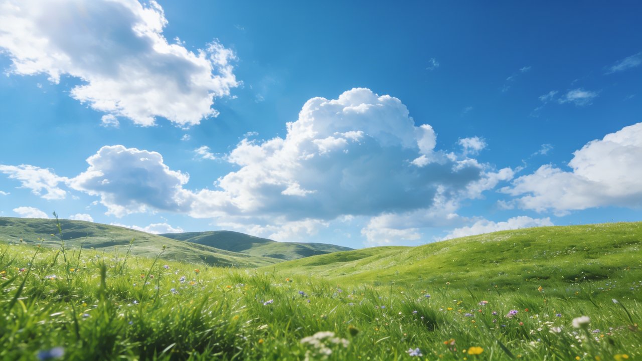 A tranquil landscape of lush green hills stretches under a vibrant blue sky dotted with fluffy white clouds, creating a peaceful and serene atmosphere. Wildflowers add pops of color to the foreground, enhancing the idyllic setting.
