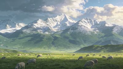 A tranquil alpine pasture is depicted with sheep grazing on lush green grass, set against a backdrop of majestic, snow-capped mountains under a partly cloudy sky, creating a serene and peaceful atmosphere.