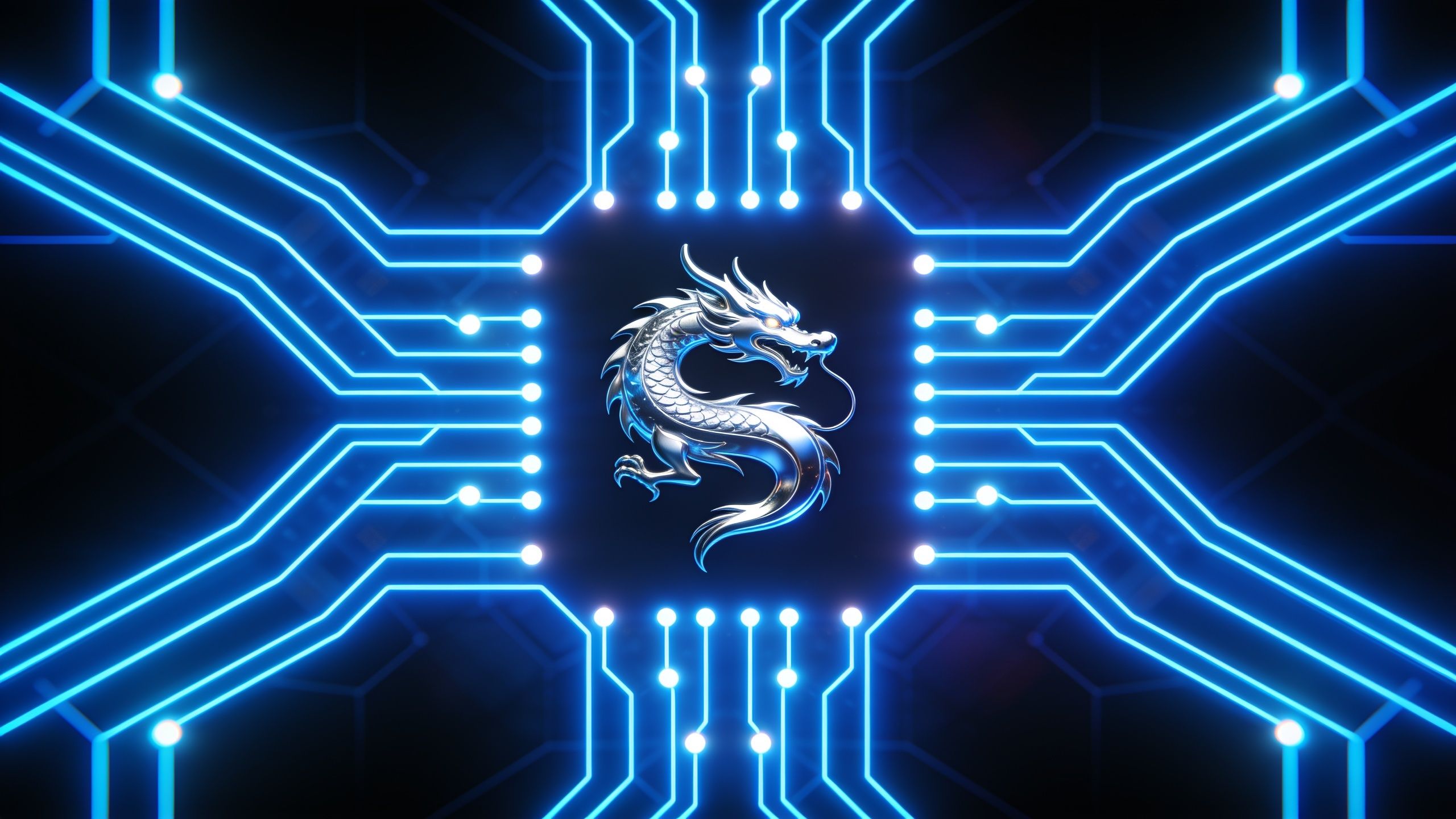 A silver dragon is integrated into a glowing blue circuit board design, creating a futuristic and dynamic atmosphere with a high-tech aesthetic.
