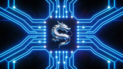 A silver dragon is integrated into a glowing blue circuit board design, creating a futuristic and dynamic atmosphere with a high-tech aesthetic.