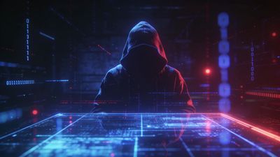 A hooded figure sits in a dark, digital environment filled with glowing blue and red binary code, creating a mysterious and intense atmosphere.