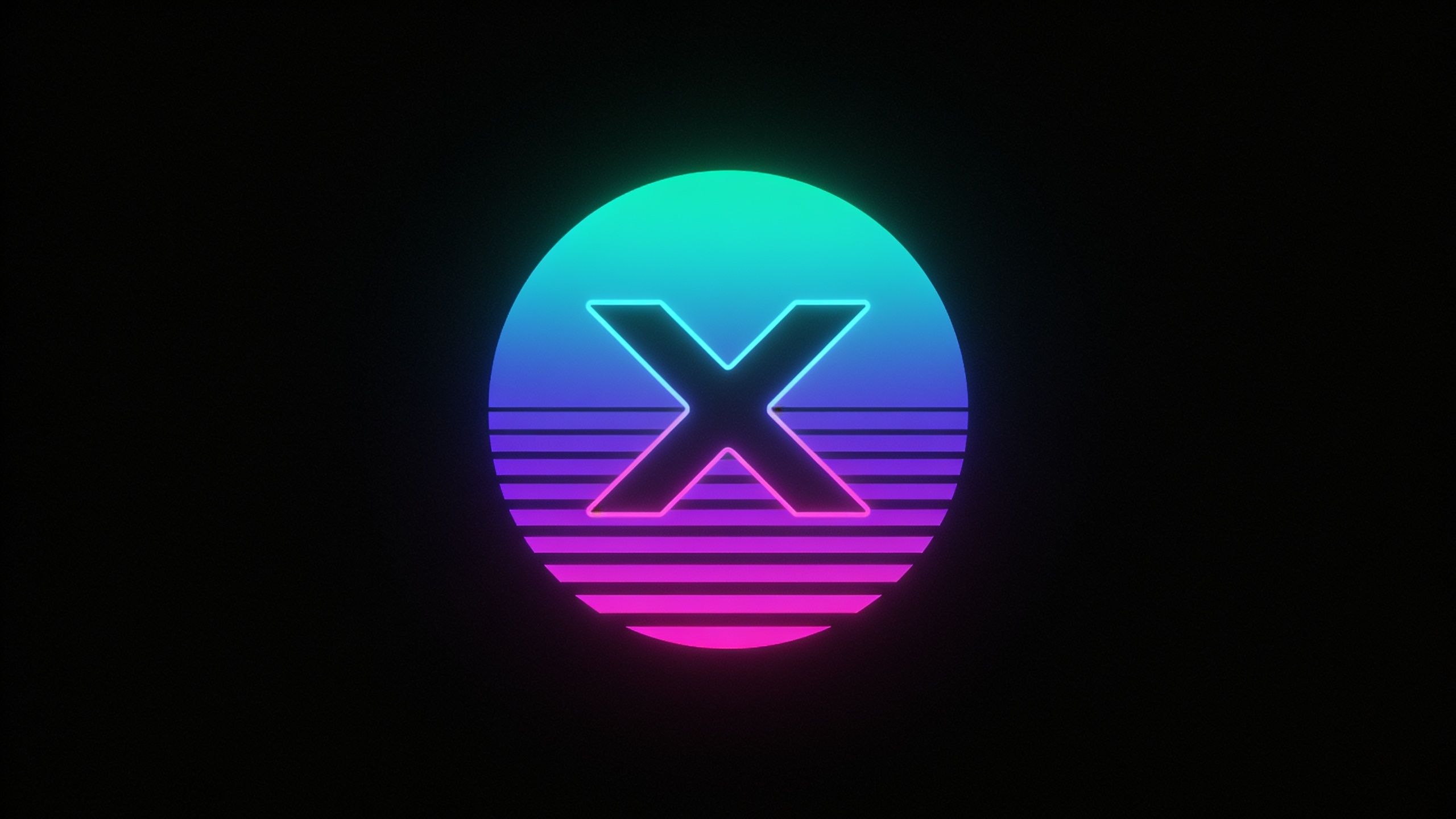 A neon retro-futuristic wallpaper features a glowing "X" symbol centered within a vibrant circular gradient of teal and magenta, set against a black background, creating a sleek and modern yet nostalgic mood.