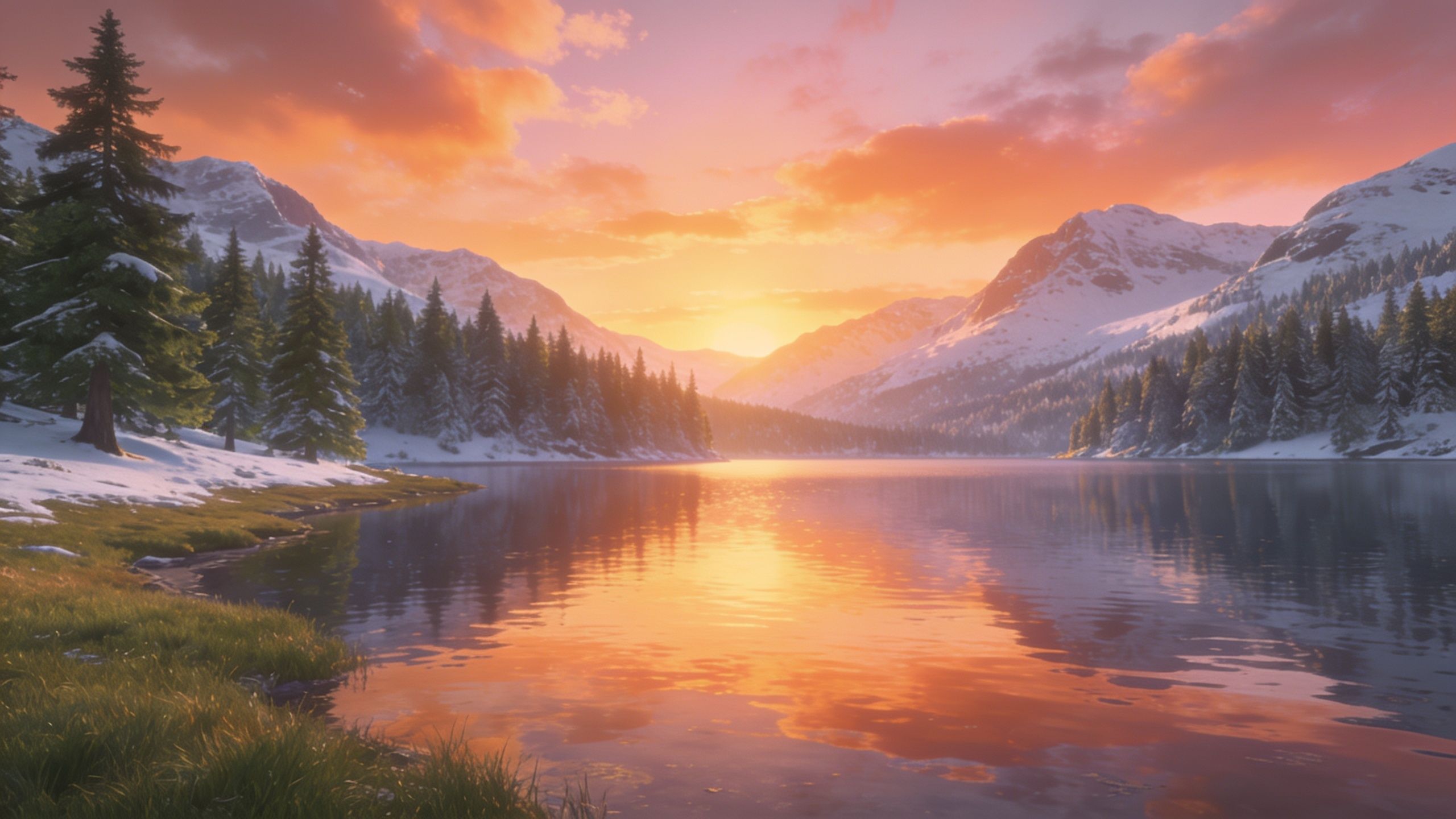 A tranquil sunset casts a warm, golden glow over a snowy mountain lake, surrounded by snow-dusted pine trees and rugged peaks, creating a serene and peaceful atmosphere.