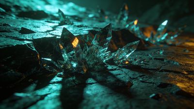 A mystical cavern filled with sharp, translucent crystals emits a soft, glowing light in shades of blue and orange, creating an enchanting and otherworldly atmosphere.