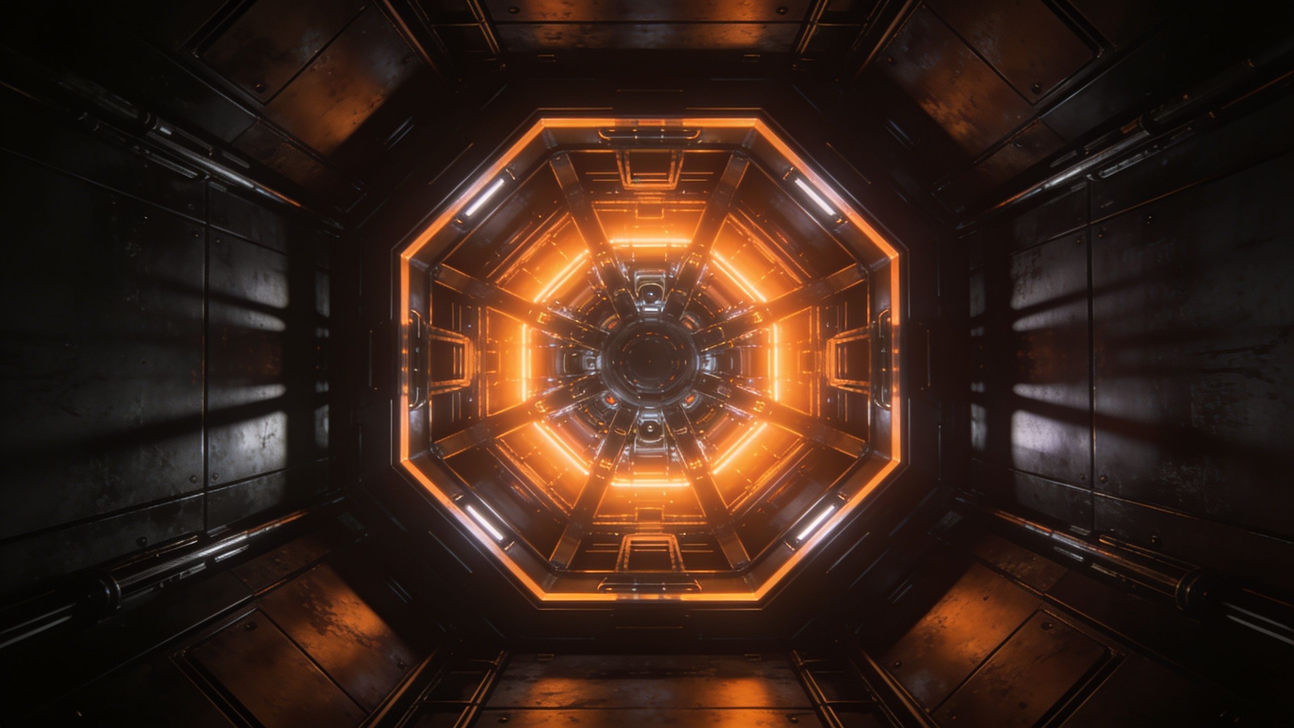 A futuristic tunnel with a hexagonal structure is illuminated by vibrant orange lights, creating a glowing, sci-fi ambiance. The metallic walls and symmetrical design enhance the sense of depth and intrigue.