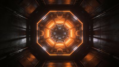 A futuristic tunnel with a hexagonal structure is illuminated by vibrant orange lights, creating a glowing, sci-fi ambiance. The metallic walls and symmetrical design enhance the sense of depth and intrigue.