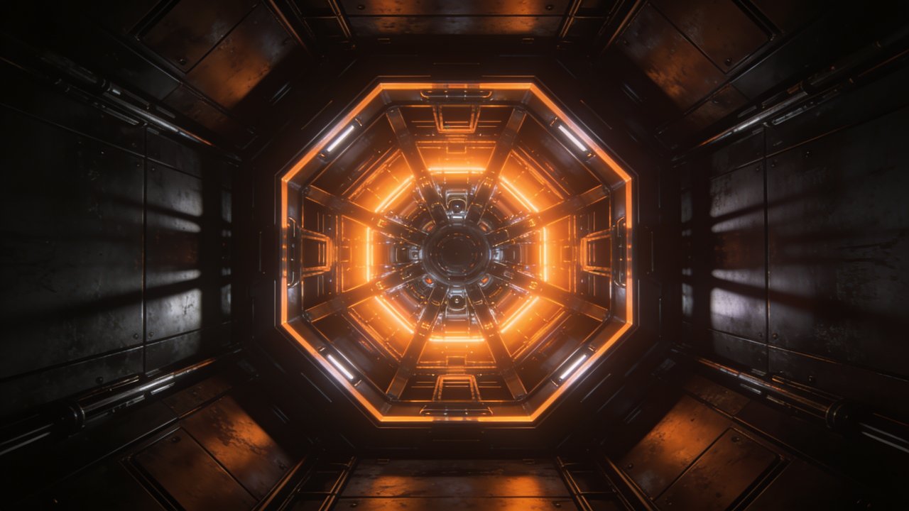 A futuristic tunnel with a hexagonal structure is illuminated by vibrant orange lights, creating a glowing, sci-fi ambiance. The metallic walls and symmetrical design enhance the sense of depth and intrigue.