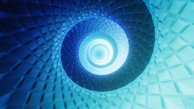 A dynamic, futuristic blue spiral design with a textured, grid-like pattern creates a sense of depth and movement, evoking a high-tech, immersive atmosphere. The gradient of blues and light emanating from the center enhances the abstract, otherworldly mood.