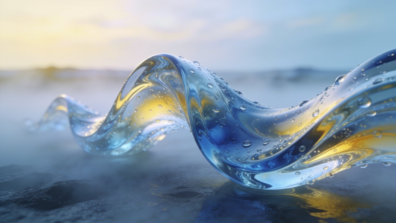 A translucent, glass-like wave with hues of blue and yellow gracefully curves against a backdrop of a misty dawn, creating a serene and ethereal atmosphere. Droplets adorn the wave, reflecting the soft light of the early morning sky.