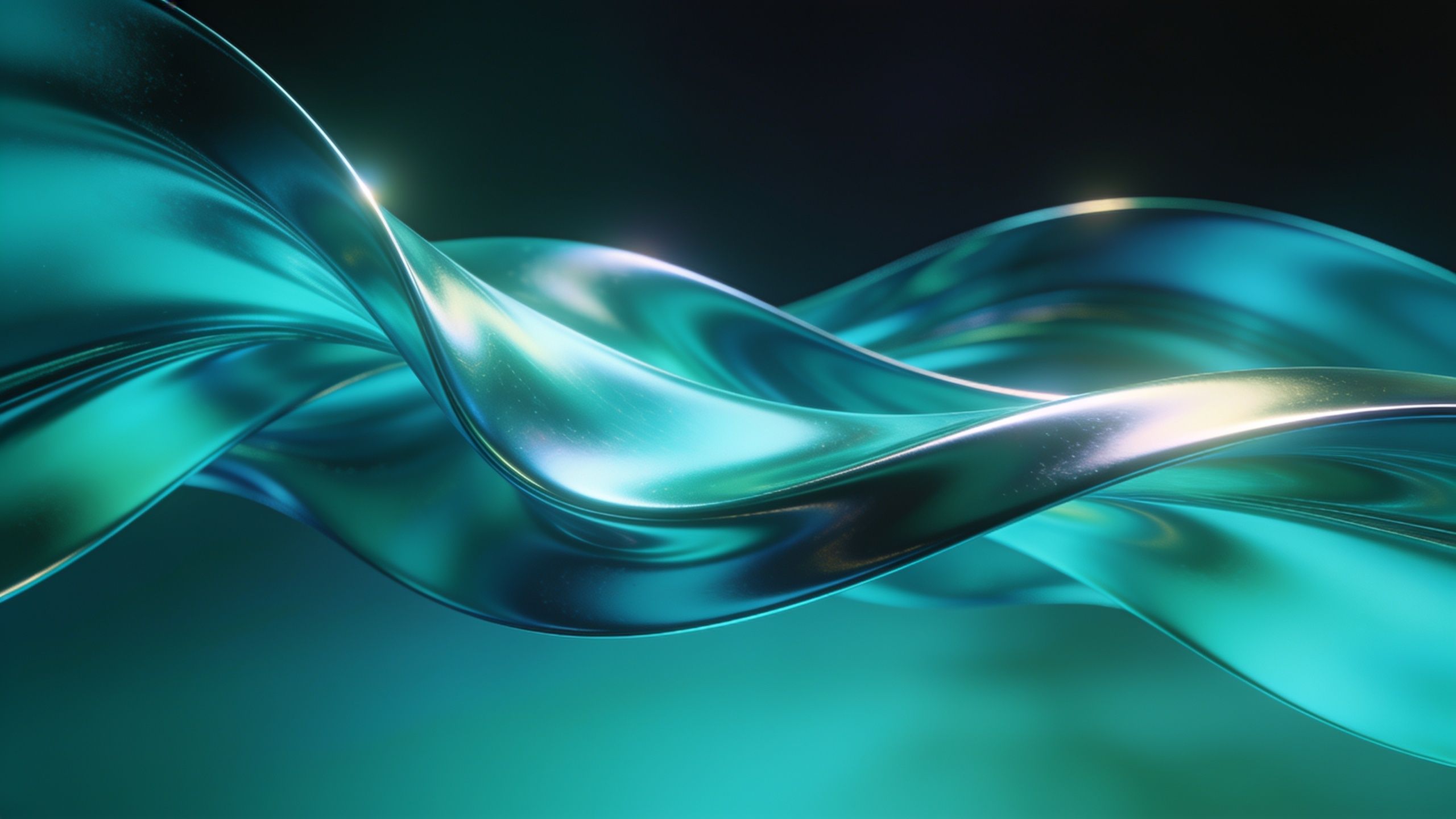 A dynamic wallpaper featuring smooth, flowing turquoise waves with a glossy, metallic sheen, set against a dark, blurred background, creating a serene and elegant atmosphere.