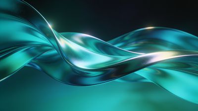 A dynamic wallpaper featuring smooth, flowing turquoise waves with a glossy, metallic sheen, set against a dark, blurred background, creating a serene and elegant atmosphere.