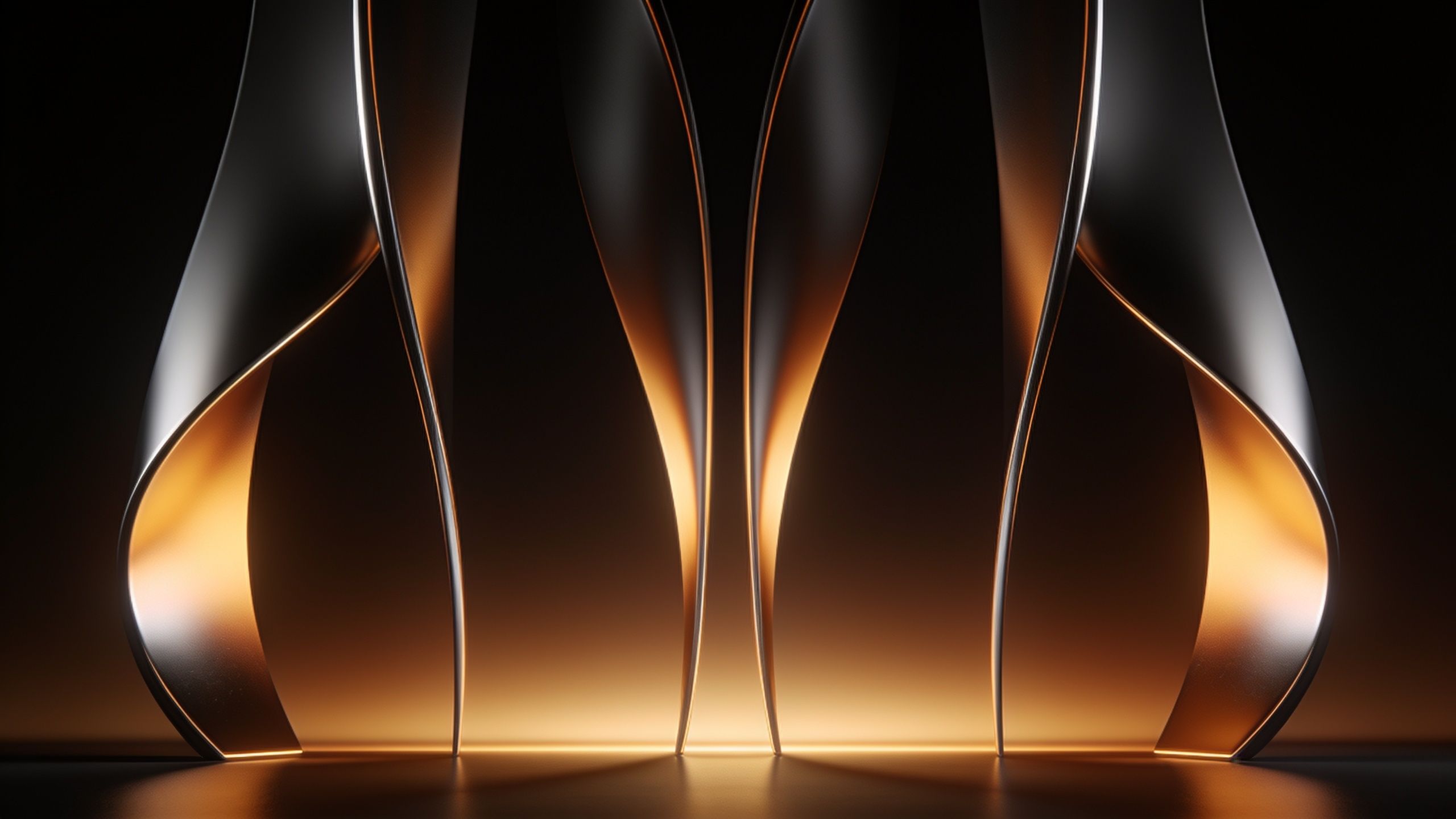 An abstract wallpaper featuring elegant, flowing metallic curves illuminated by a warm, golden glow, creating a serene and sophisticated atmosphere against a dark background.