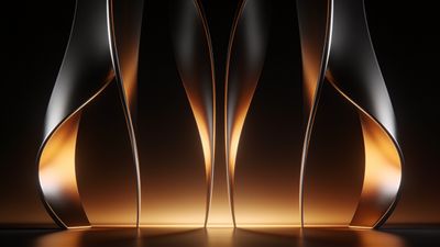 An abstract wallpaper featuring elegant, flowing metallic curves illuminated by a warm, golden glow, creating a serene and sophisticated atmosphere against a dark background.