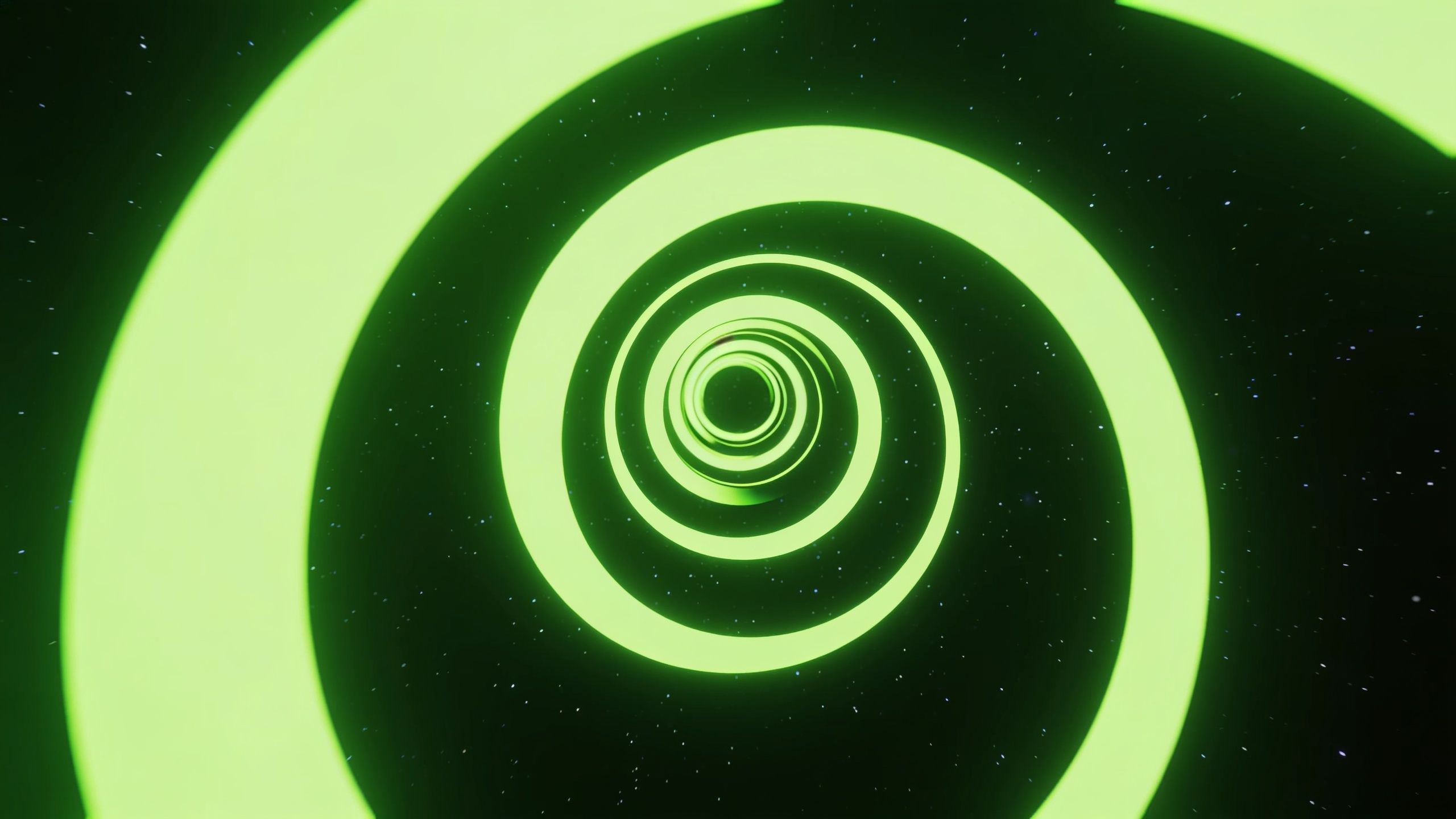 A glowing neon green spiral vortex swirls into the depths of a starry black space, creating a mesmerizing and futuristic atmosphere.