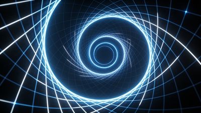 A dynamic, futuristic design featuring a glowing blue spiral grid that creates a sense of depth and movement against a dark background, evoking a high-tech and modern atmosphere.