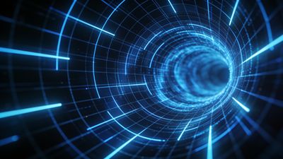 A digital wallpaper featuring a glowing blue tunnel with grid-like patterns, creating an illusion of depth and motion, evoking a futuristic and immersive atmosphere.