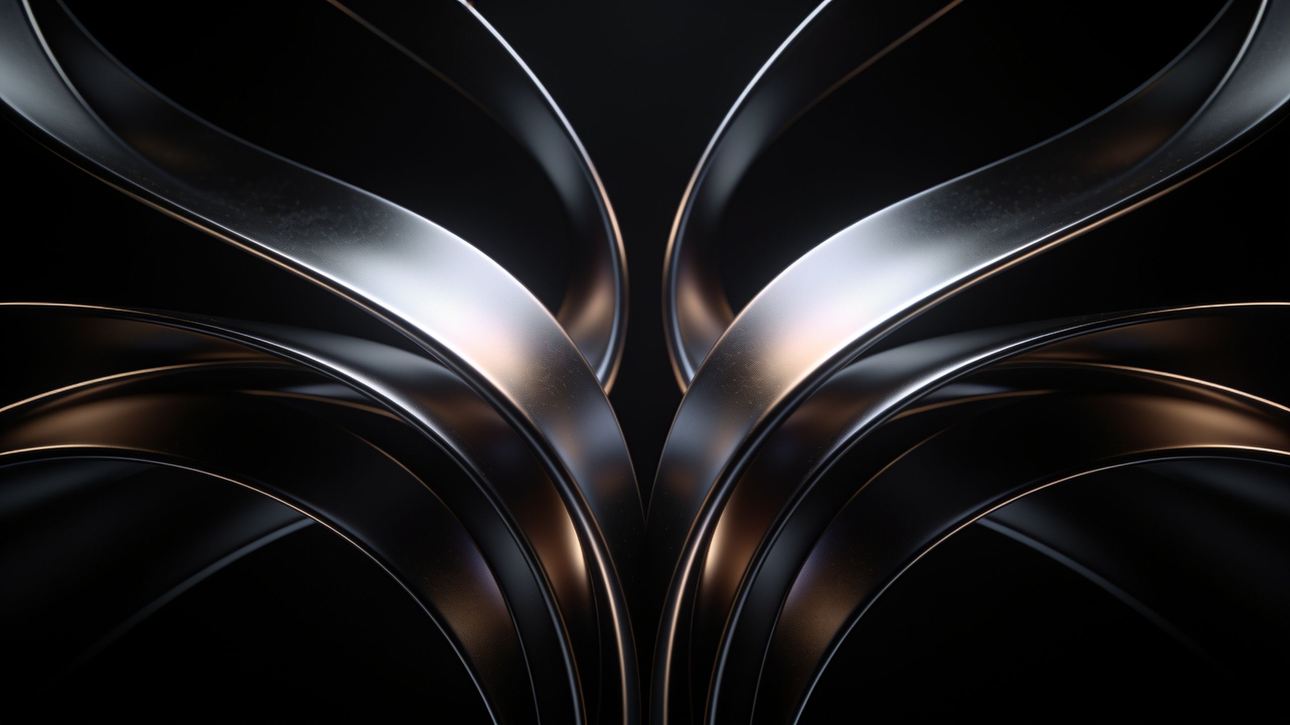 The wallpaper features sleek, metallic curves intertwined against a dark background, creating a harmonious and elegant abstract design with a reflective sheen. The mood is sophisticated and modern, emphasizing the smooth flow and contrast of light and shadow.