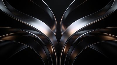 The wallpaper features sleek, metallic curves intertwined against a dark background, creating a harmonious and elegant abstract design with a reflective sheen. The mood is sophisticated and modern, emphasizing the smooth flow and contrast of light and shadow.