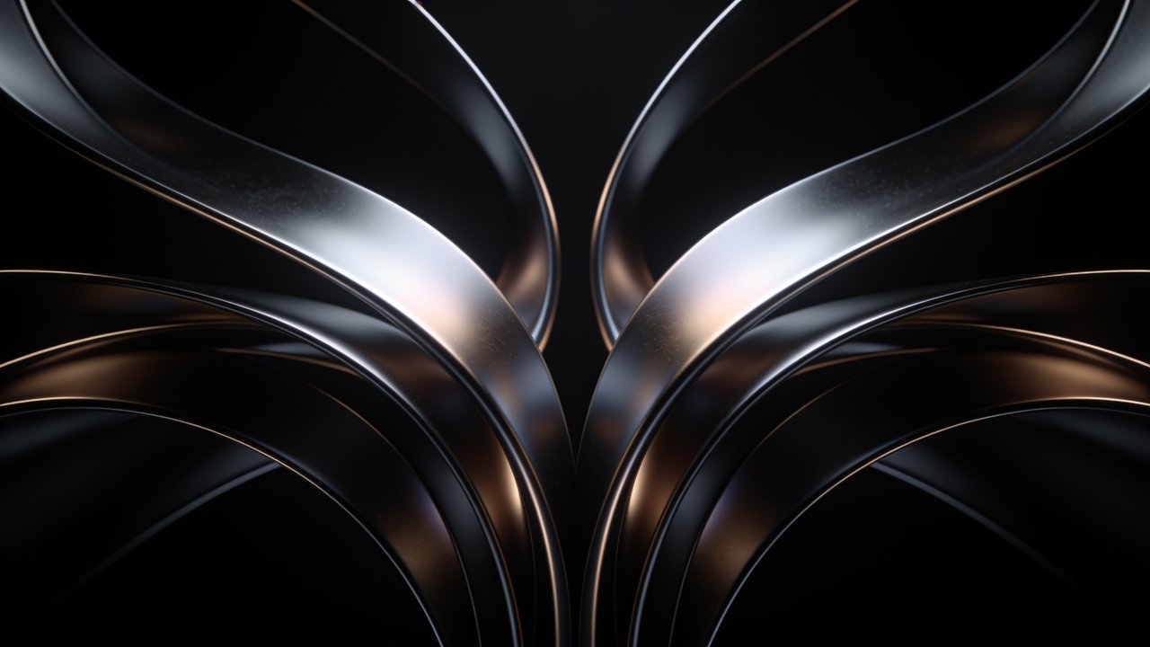 The wallpaper features sleek, metallic curves intertwined against a dark background, creating a harmonious and elegant abstract design with a reflective sheen. The mood is sophisticated and modern, emphasizing the smooth flow and contrast of light and shadow.