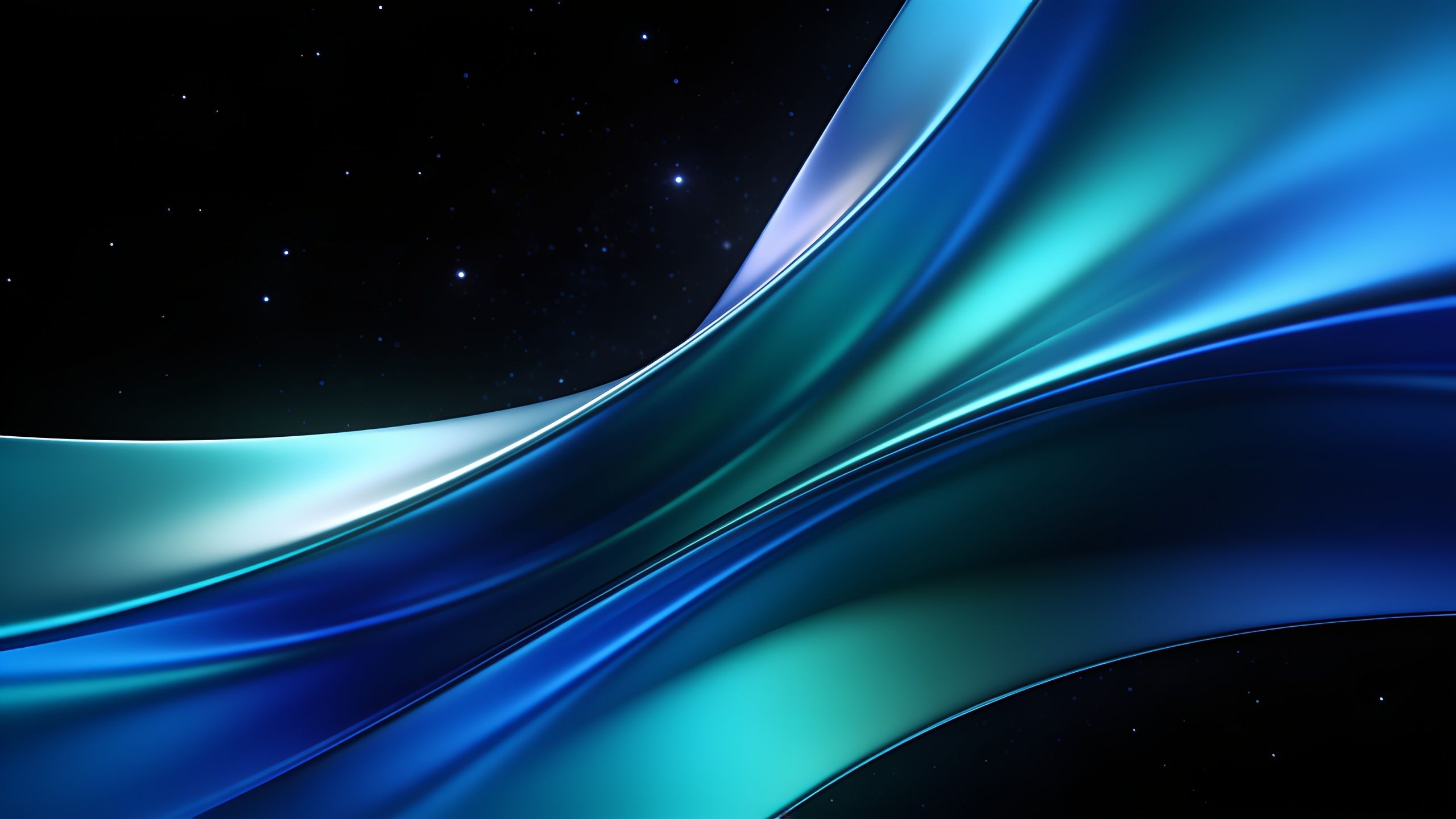 Abstract blue waves flow gracefully across the image, set against a starry black background, creating a serene and cosmic atmosphere.