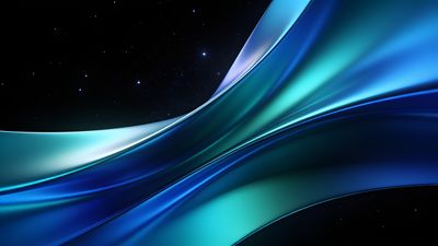 Abstract blue waves flow gracefully across the image, set against a starry black background, creating a serene and cosmic atmosphere.