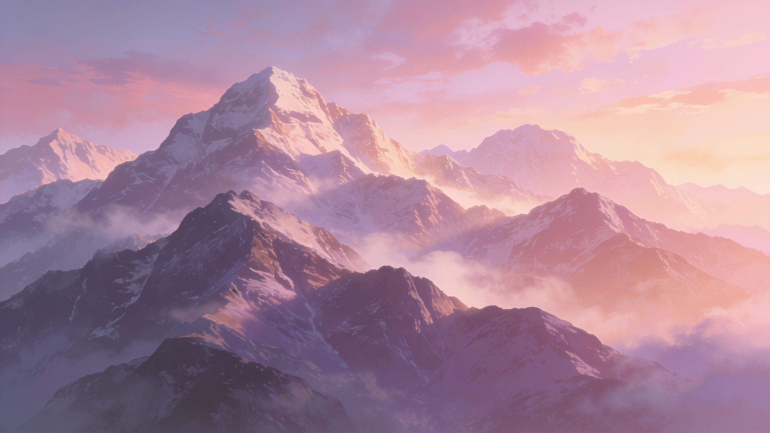 A series of majestic mountain peaks are bathed in the soft, warm hues of sunrise, with clouds gently hugging the slopes, creating a tranquil and serene atmosphere.