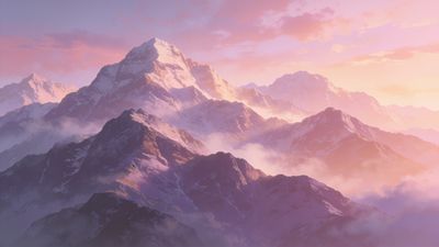 A series of majestic mountain peaks are bathed in the soft, warm hues of sunrise, with clouds gently hugging the slopes, creating a tranquil and serene atmosphere.