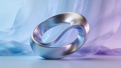 A sleek, metallic infinity symbol rests elegantly against a backdrop of soft pastel waves in shades of blue and purple, creating a serene and sophisticated atmosphere.